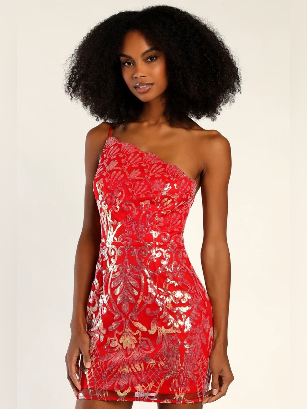 Lulus NWT Mesmerizing Shine Red Iridescent Sequin One-Shoulder Mini Dress Size S